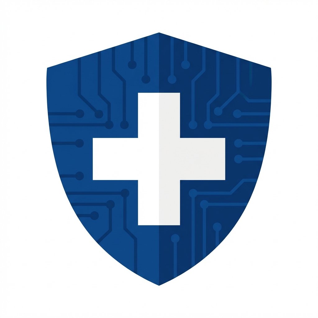 Blue shield with a white cross and circuit board pattern