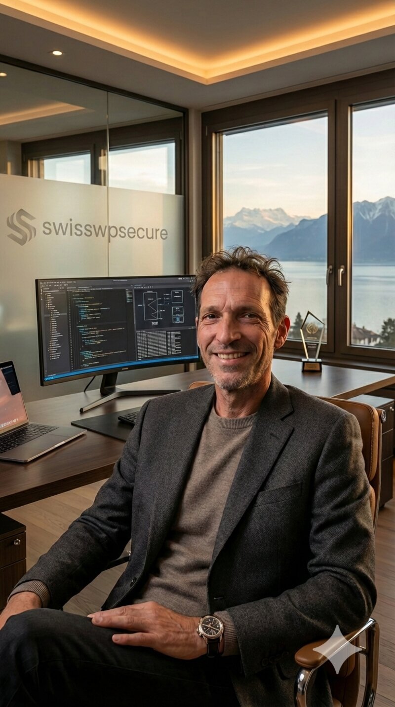 Nicolas Gfeller — Founder of Swiss WP Secure, photographed in his home office overlooking Lake Geneva and the Swiss Alps